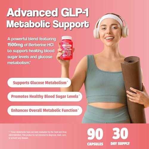 Woman holding a yoga mat and supplement bottle with text about GLP-1 metabolic support.