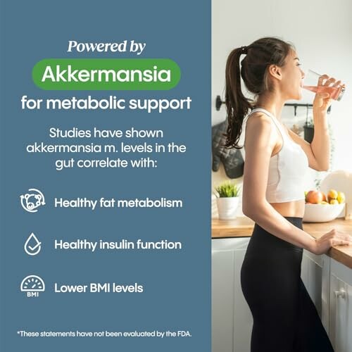 Woman drinking, promoting Akkermansia for metabolic support with health benefits listed.