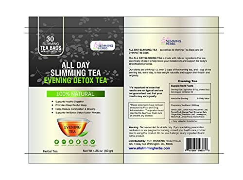 All Day Slimming Tea Evening Detox packaging with health benefits and usage details.