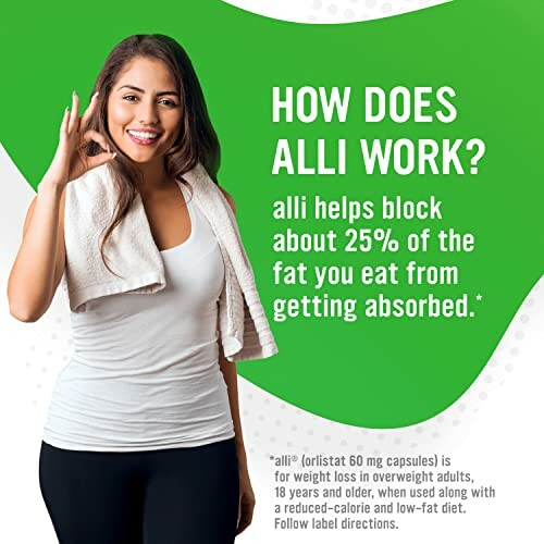 Woman smiling and showing OK gesture with text explaining how Alli works for weight loss.