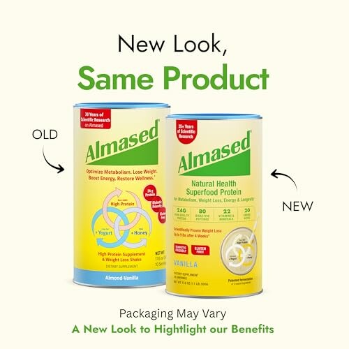 Almased packaging comparison showing old and new designs.