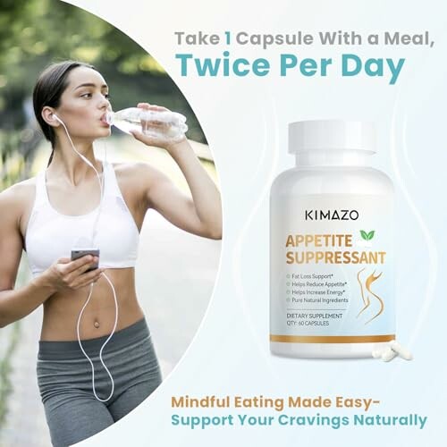 Woman drinking water with appetite suppressant bottle, text promoting capsule intake.