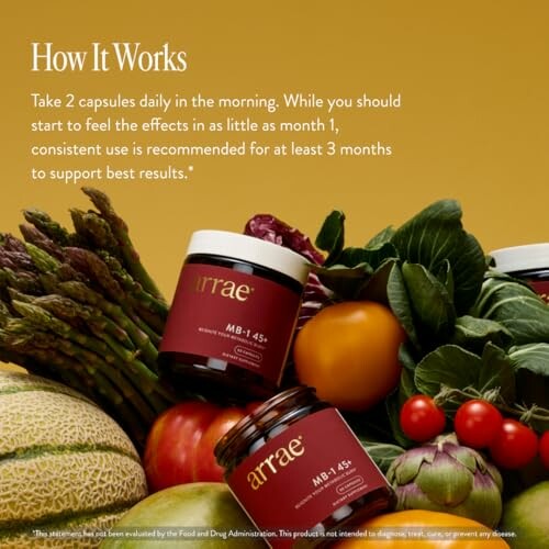 Arrae supplement jars surrounded by fresh vegetables and fruits.