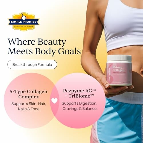 Collagen supplement ad highlighting skin, hair, nails, digestion support.