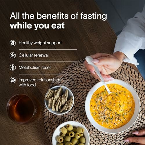 A person eating a healthy meal with benefits of fasting listed: healthy weight support, cellular renewal, metabolism reset, improved relationship with food.