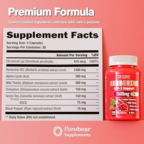 Supplement facts of Berberine dietary supplement with a bottle on the side.