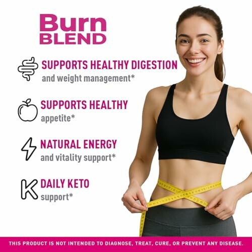 Woman promoting Burn Blend supplement benefits.