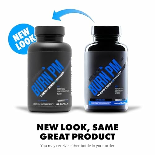 Burn PM supplement bottles with new and old packaging.