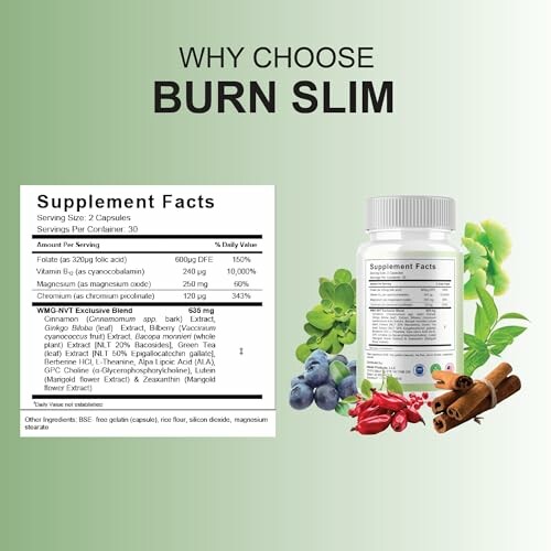 Burn Slim supplement with ingredients and nutritional facts.