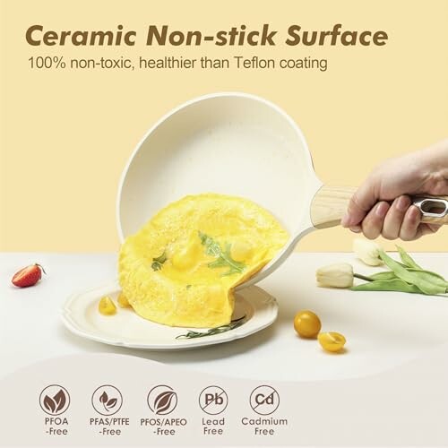Ceramic non-stick pan with omelette, highlighting non-toxic features.