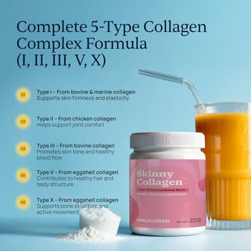 Collagen supplement with juice and benefits list.