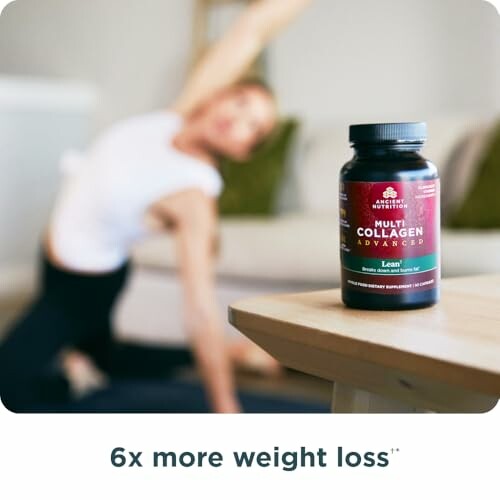 Collagen supplement bottle with person doing yoga in background.