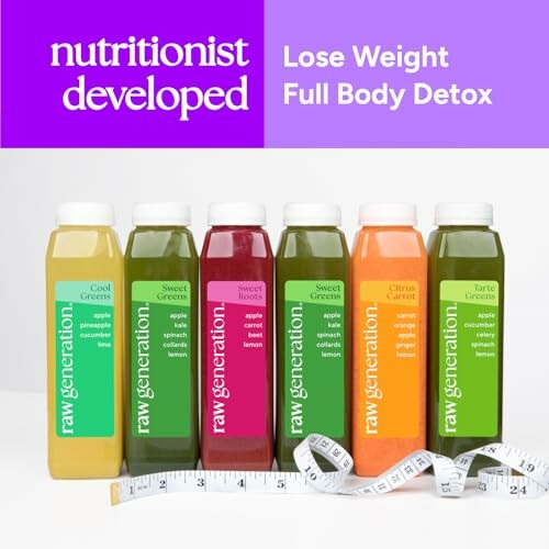 Six bottles of detox juices with a measuring tape in front, promoting weight loss and full body detox.