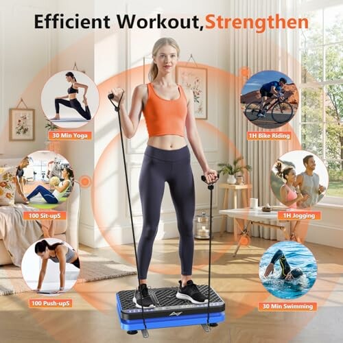 Woman using a vibration platform with exercise routines highlighted.