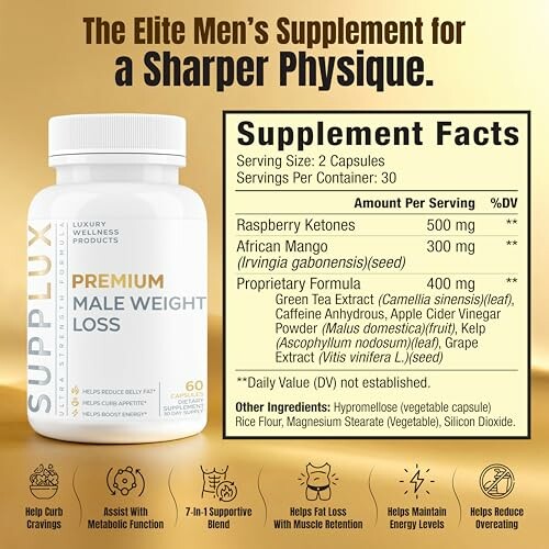 SuppLux premium male weight loss supplement with ingredients and benefits listed.