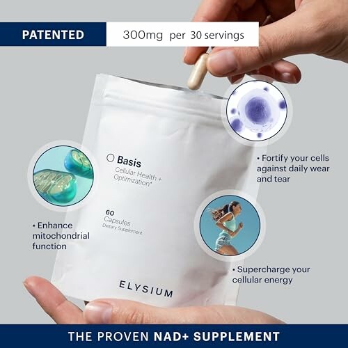 Elysium Basis supplement packaging with benefits highlighted.