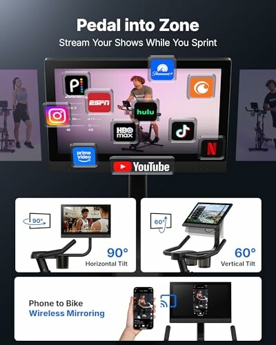 Exercise bike screen showing streaming apps like YouTube, Netflix, and more.