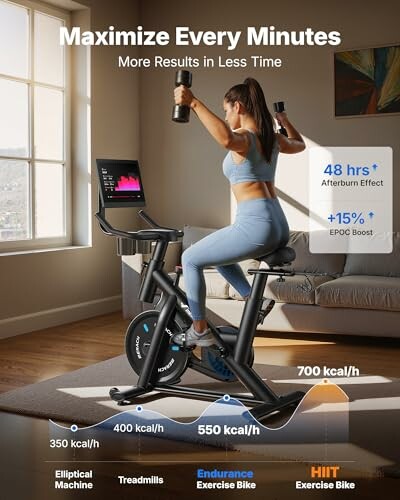 Person on exercise bike with workout benefits and calories burned per hour displayed on the screen.