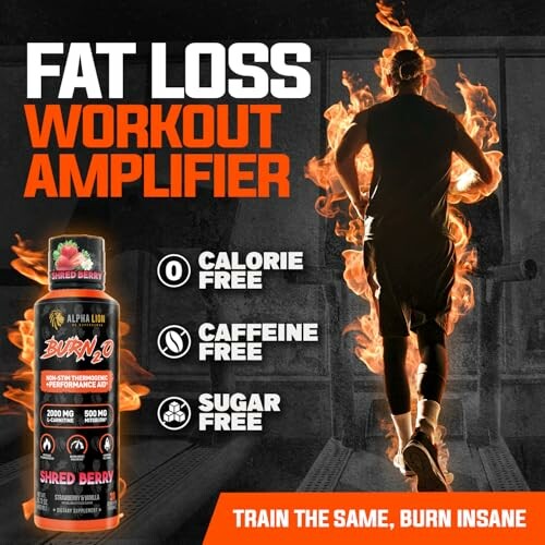 Fat loss workout amplifier advertisement with supplement bottle and running silhouette.