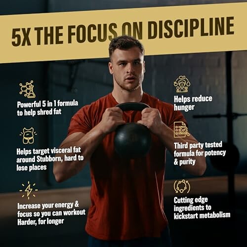 Man holding kettlebell with fitness discipline tips.