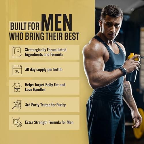 Man holding a shaker bottle next to a list of benefits for a men's supplement.