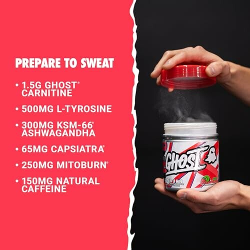 Ghost supplement with benefits and ingredients listed, hands opening container.