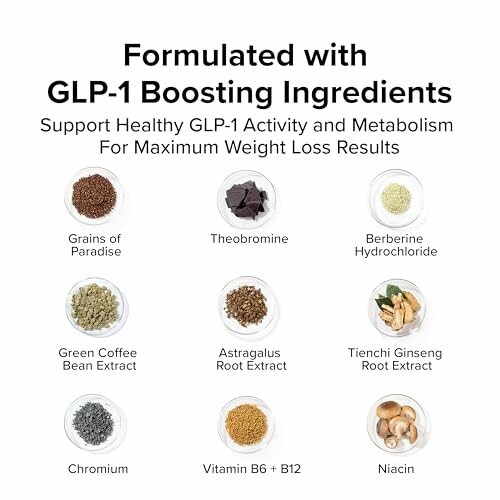 Chart of GLP-1 boosting ingredients including grains of paradise, theobromine, berberine hydrochloride, green coffee bean extract, astragalus root extract, tienchi ginseng root extract, chromium, vitamin B6 + B12, and niacin.
