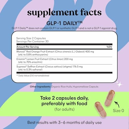 Supplement facts for GLP-1 Daily capsules with serving size and ingredients.
