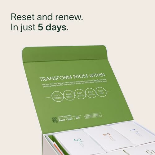A green box with text 'Reset and renew in just 5 days' and packaging details.