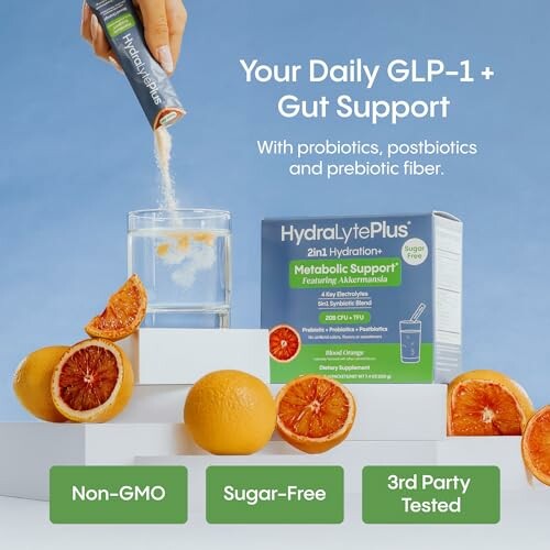 HydralytePlus supplement with orange slices and a glass of water.