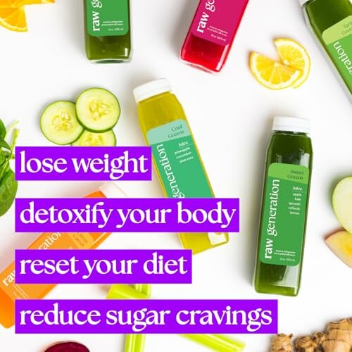 Assorted juice bottles with health benefits text.