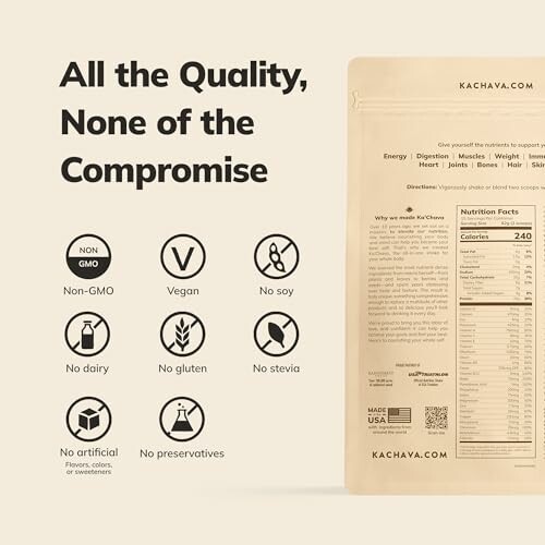 Ka'Chava nutritional drink package with health icons and nutrition facts.