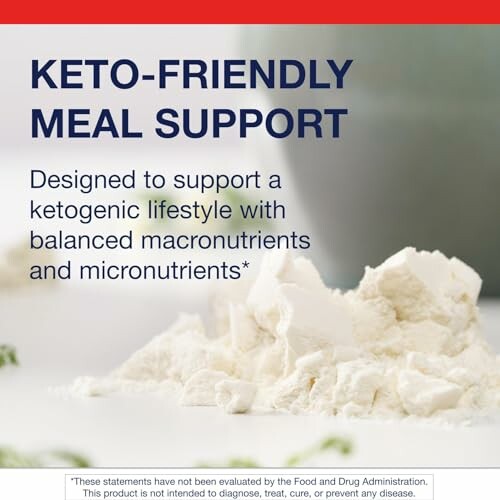 Keto-friendly meal support powder with text about ketogenic lifestyle.