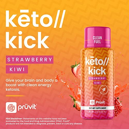 Keto Kick Strawberry Kiwi dietary supplement by Prüvit with strawberries and kiwi.