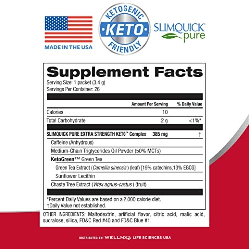 Supplement facts for Keto SlimQuick Pure Extra Strength, including ingredients and nutritional information.
