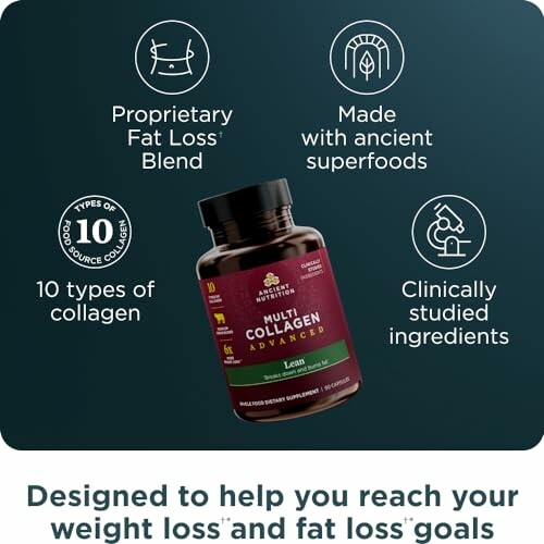 Multi-collagen supplement benefits include fat loss blend, ancient superfoods, 10 types of collagen, and clinically studied ingredients.