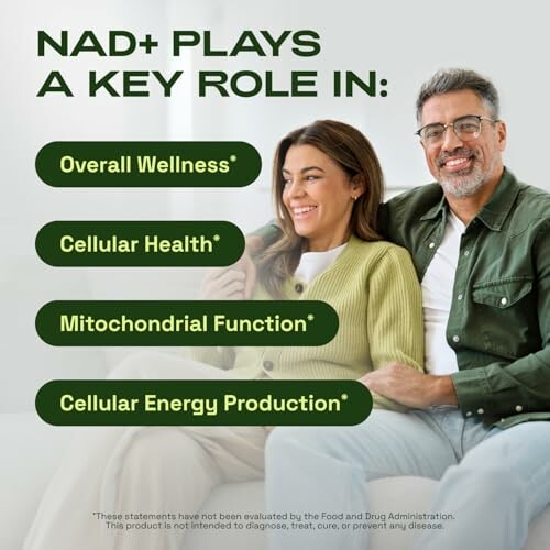 Couple with text about NAD+ benefits for wellness and health.