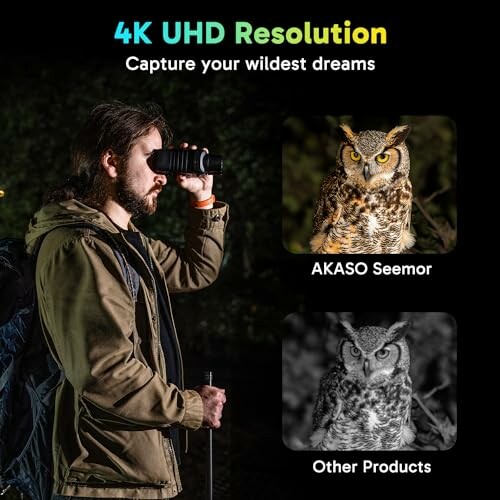 Person using night vision device; comparison between AKASO Seemor and other products showing owl images.