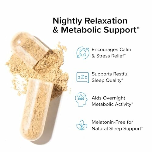 Supplement capsule with powder and benefits for relaxation and metabolic support.