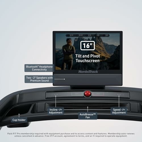 NordicTrack treadmill console with 16-inch touchscreen display