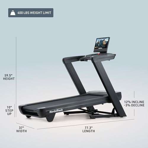 NordicTrack treadmill with dimensions and incline details.