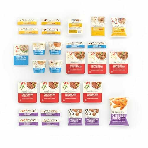 Nutrisystem food products including meals, snacks, and bars displayed.