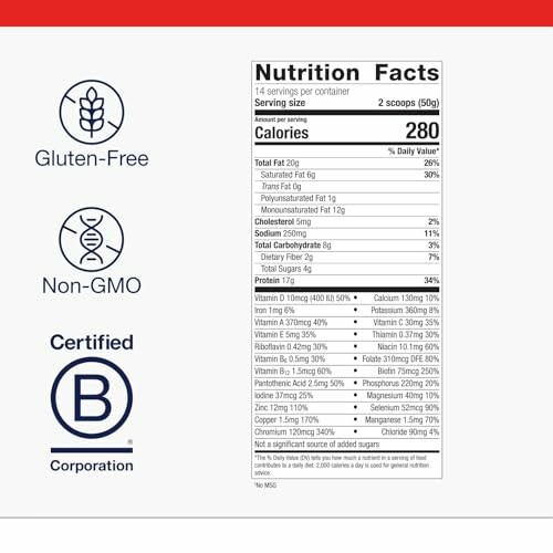 Nutrition facts label with gluten-free, non-GMO, and Certified B Corporation symbols.
