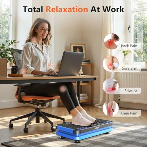 Woman using foot exercise machine at desk for pain relief.