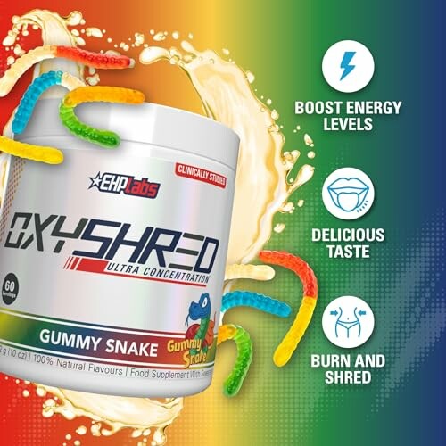 Oxyshred Gummy Snake supplement with benefits listed.