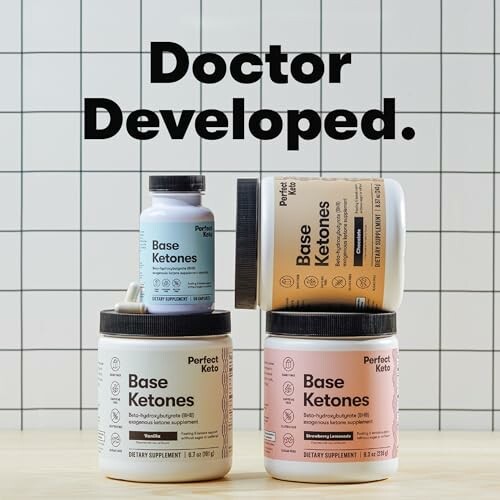 Perfect Keto Base Ketones supplements displayed against a tiled background.
