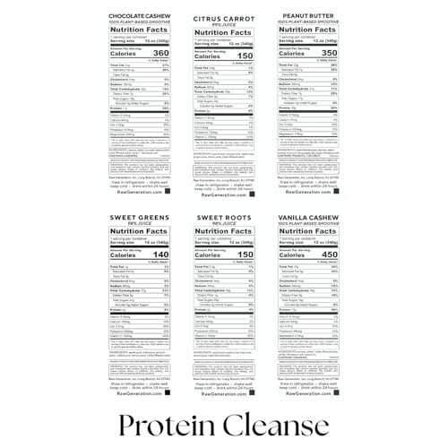 Protein cleanse nutrition facts for various flavors including chocolate cashew and vanilla cashew.