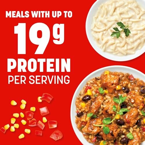 Advertisement highlighting meals with up to 19g of protein per serving, featuring plates of pasta and a rice dish with vegetables.