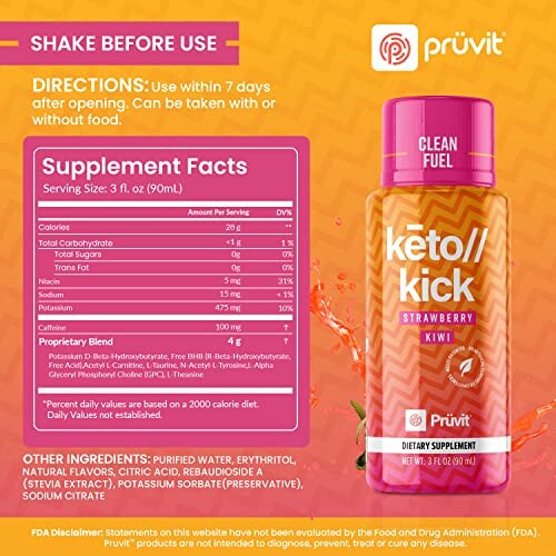 Pruvit Keto Kick Strawberry Kiwi dietary supplement with nutrition facts.