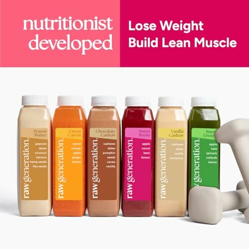 Raw Generation juice cleanse bottles with dumbbells.